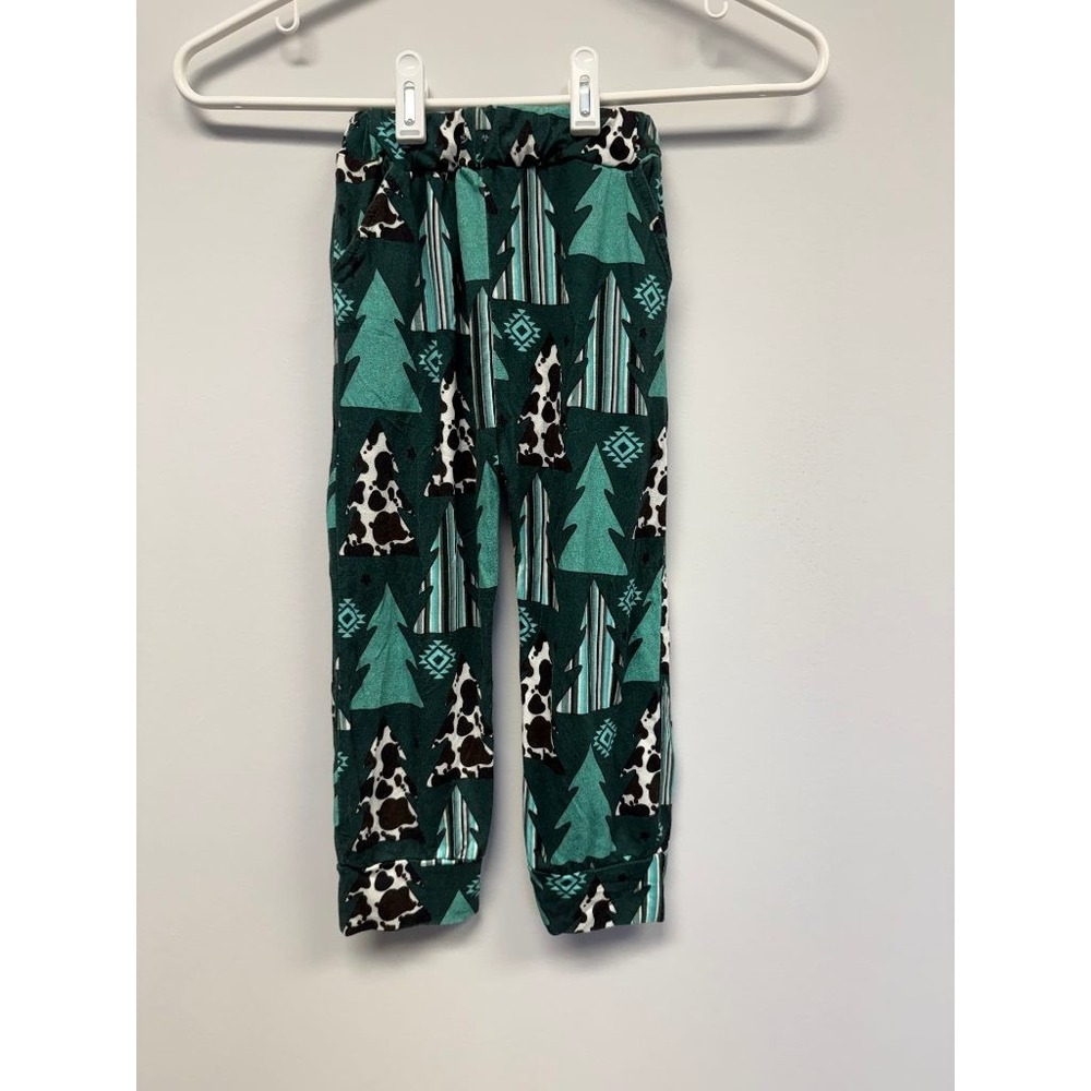 Toddler 3T Western Bamboo Joggers Green Cow Print Aztec Pine Tree Pull-On Pants